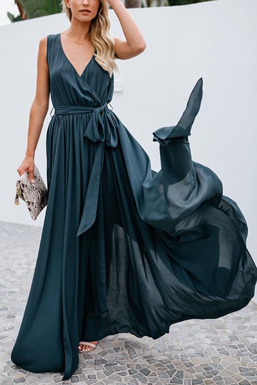 V Neck Sleeveless Slit Wrap Maxi Dress - Fashionpara