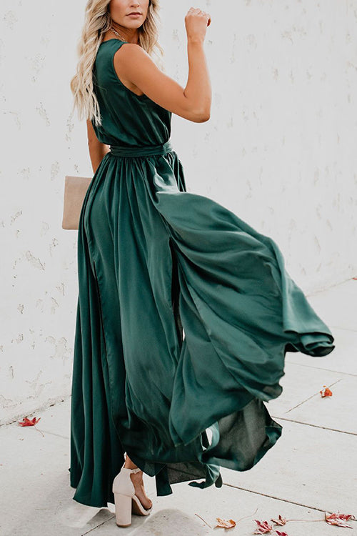 V Neck Sleeveless Slit Wrap Maxi Dress - Fashionpara