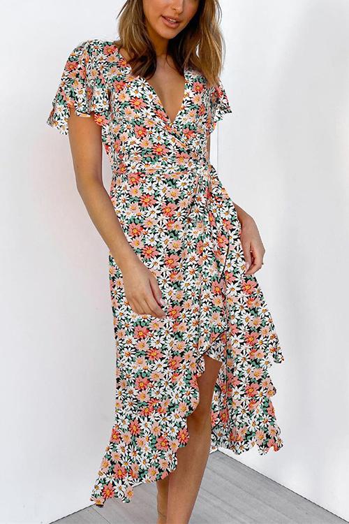Floral Ruffles Print Wrap Maxi Dress - Fashionpara
