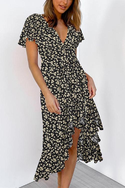 Floral Ruffles Print Wrap Maxi Dress - Fashionpara
