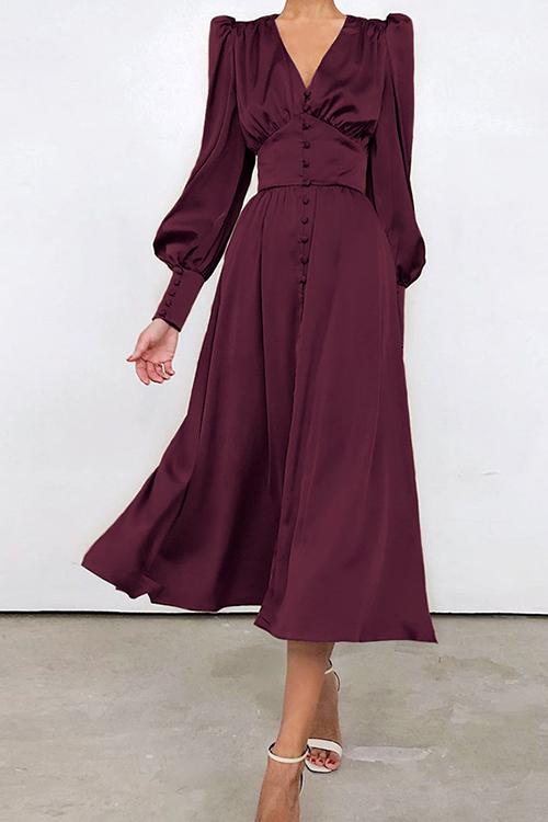 Satin Button Puff Long Sleeve Dress - Fashionpara