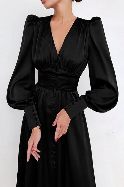 Satin Button Puff Long Sleeve Dress - Fashionpara