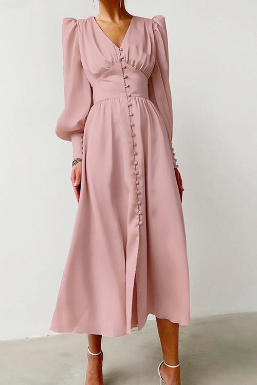 Satin Button Puff Long Sleeve Dress - Fashionpara