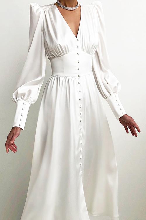 Satin Button Puff Long Sleeve Dress - Fashionpara