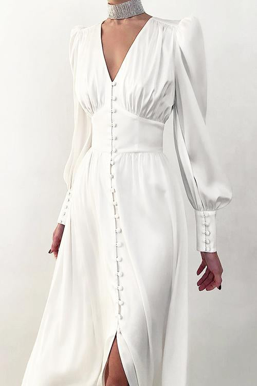 Satin Button Puff Long Sleeve Dress - Fashionpara