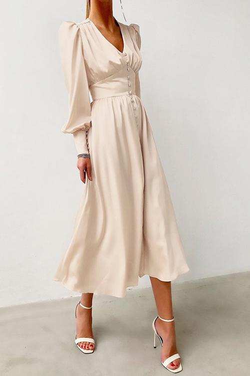 Satin Button Puff Long Sleeve Dress - Fashionpara