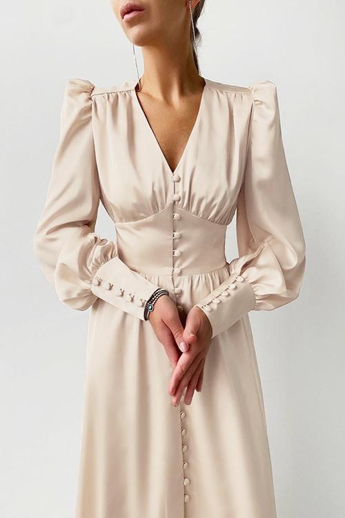 Satin Button Puff Long Sleeve Dress - Fashionpara