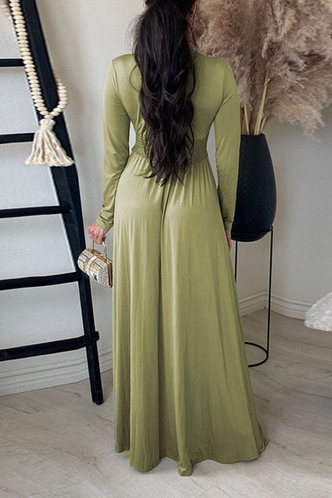 V Neck Long Sleece Slit Maxi Dress - Fashionpara