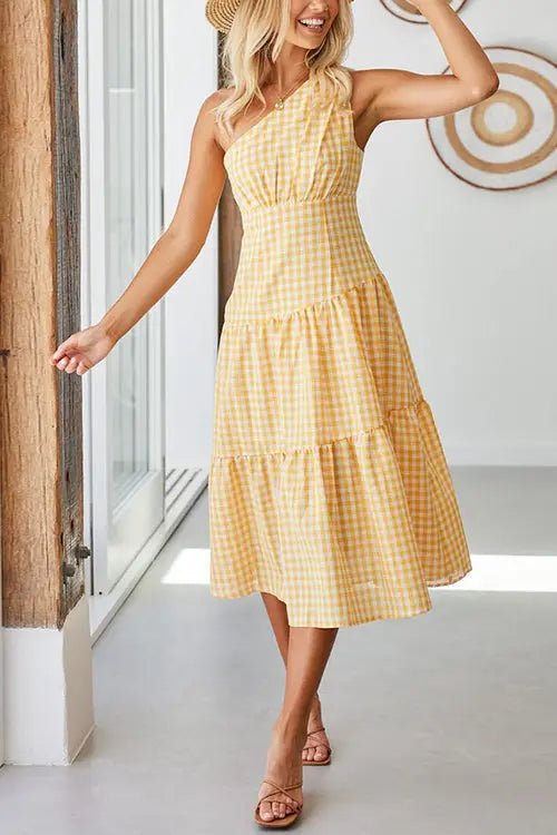Plaid One Shoulder Layer Midi Dress - Fashionpara
