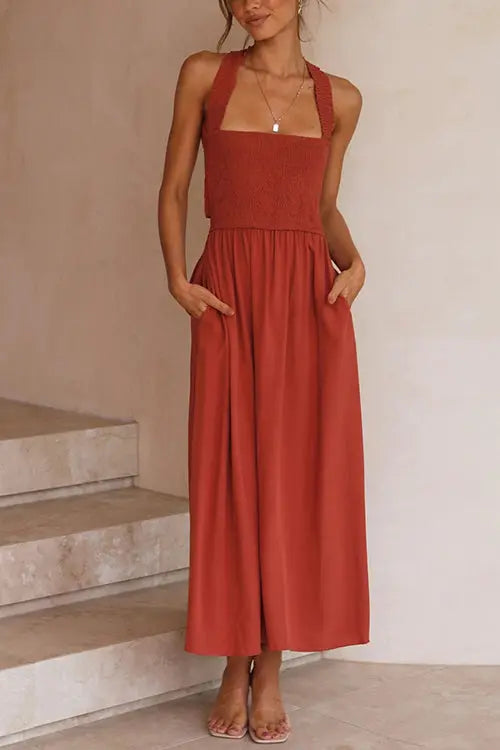 Elastic Shirred Bodice Cross Back Pocket Dress - Fashionpara