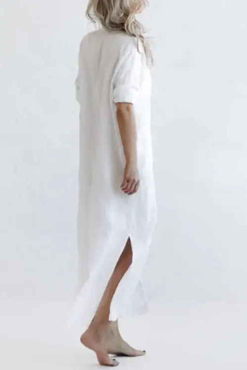 Linen Button Pockets Shirt Maxi Dress - Fashionpara