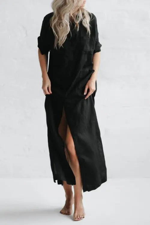 Linen Button Pockets Shirt Maxi Dress - Fashionpara