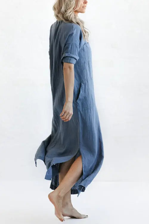 Linen Button Pockets Shirt Maxi Dress - Fashionpara