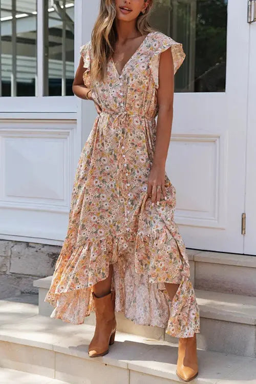 Button Ruffles Floral Drawstring Maxi Dress - Fashionpara