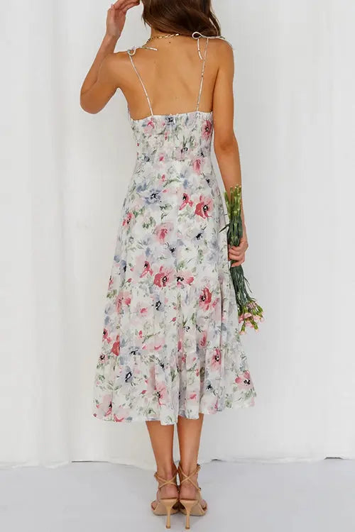 Floral Tie Straps Ruffles Midi Dress - Fashionpara