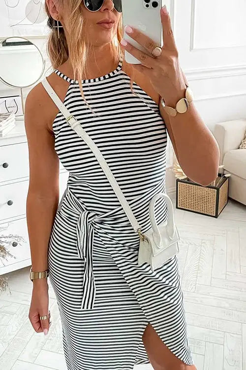 Striped Wrap Tie Asymmetric Halter Midi Dress - Fashionpara