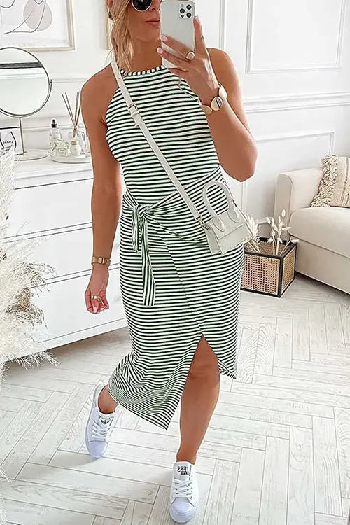 Striped Wrap Tie Asymmetric Halter Midi Dress - Fashionpara