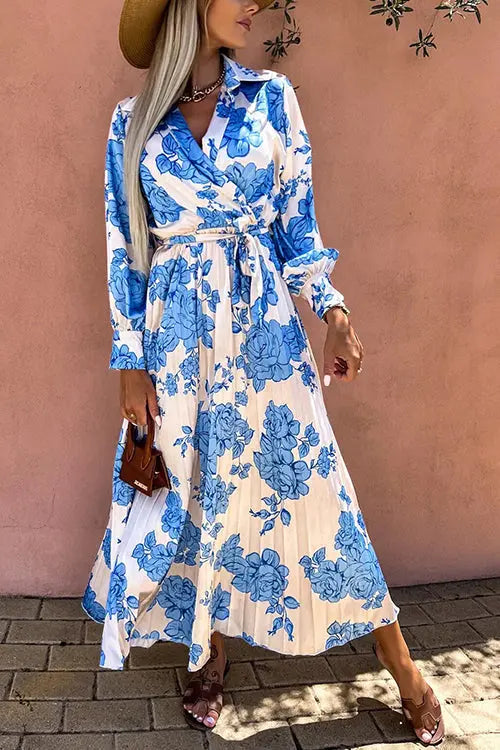 Floral Belted Long Sleeve Maxi Dress - Fashionpara