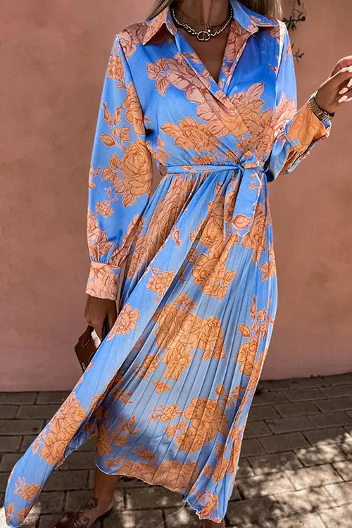 Floral Belted Long Sleeve Maxi Dress - Fashionpara