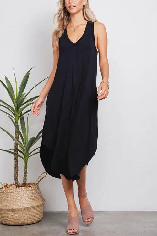 I THINK NOT V Neck Tank Midi Dress - Fashionpara