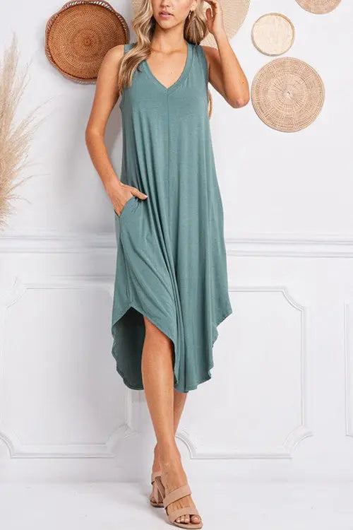 I THINK NOT V Neck Tank Midi Dress - Fashionpara
