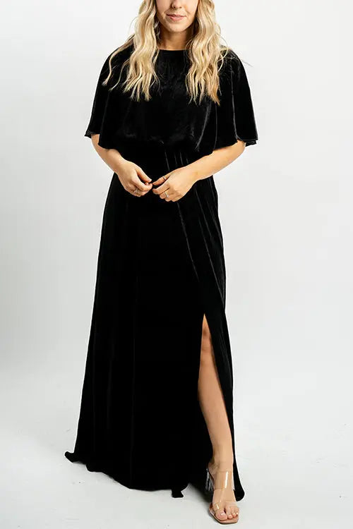Velvet Wlastic Waist Slit Maxi Dress - Fashionpara