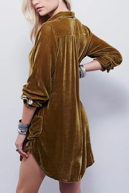 V Neck Pockets Velvet Shirt Dress - Fashionpara