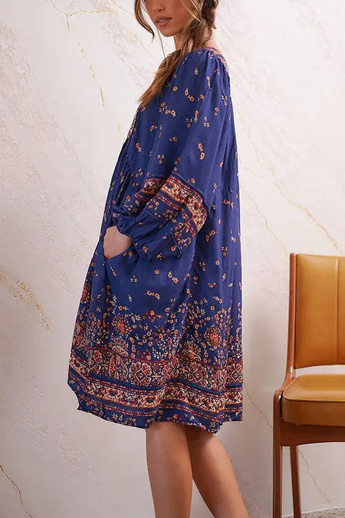 Boho Print Long Sleeve Mini Dress - Fashionpara