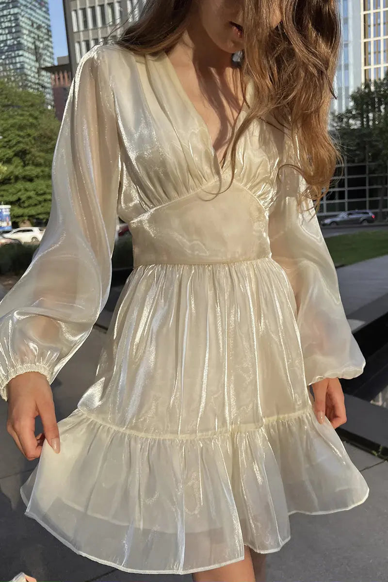 Glitter V Neck Long Sleeve Mini Dress - Fashionpara