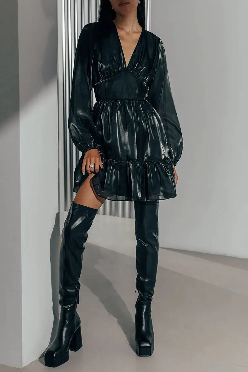 Glitter V Neck Long Sleeve Mini Dress - Fashionpara