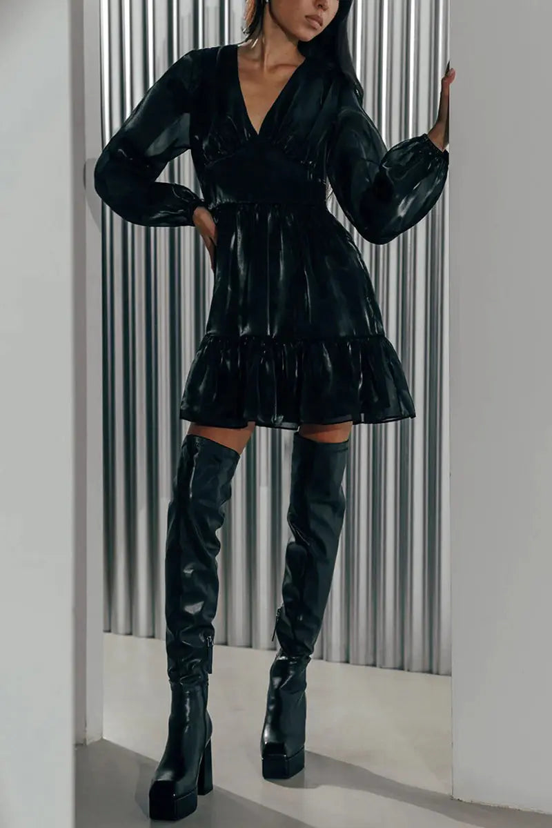 Glitter V Neck Long Sleeve Mini Dress - Fashionpara