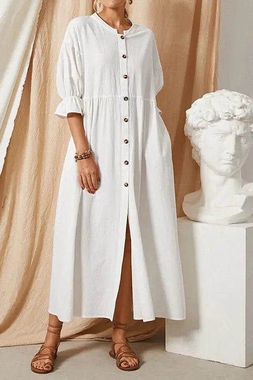 Button Pockets O Neck Midi Dress - Fashionpara