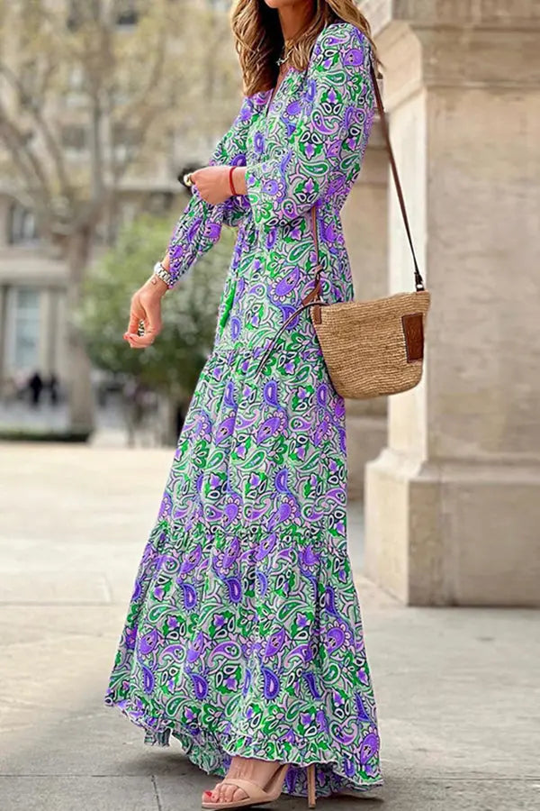 Boho Paisley V Neck Long Sleeve Maxi Dress - Fashionpara