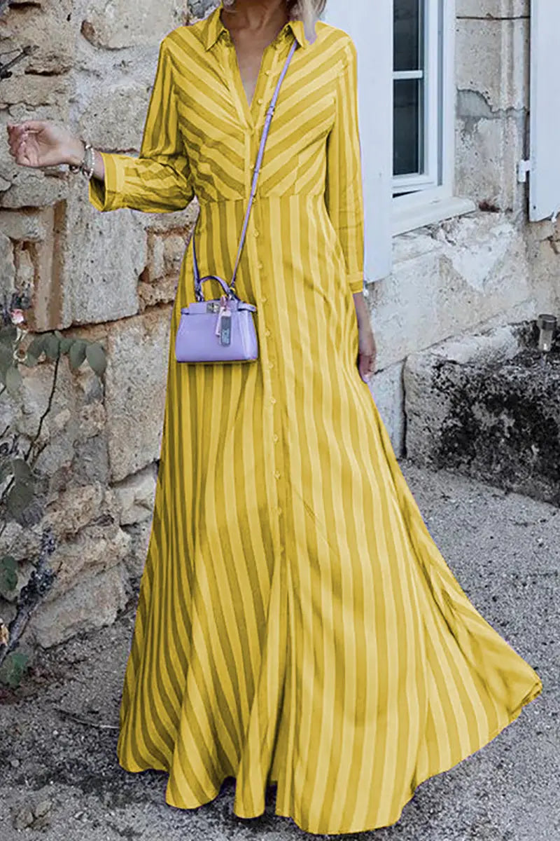 Stripe Long Sleeve Button Maxi Shirt Dress - Fashionpara