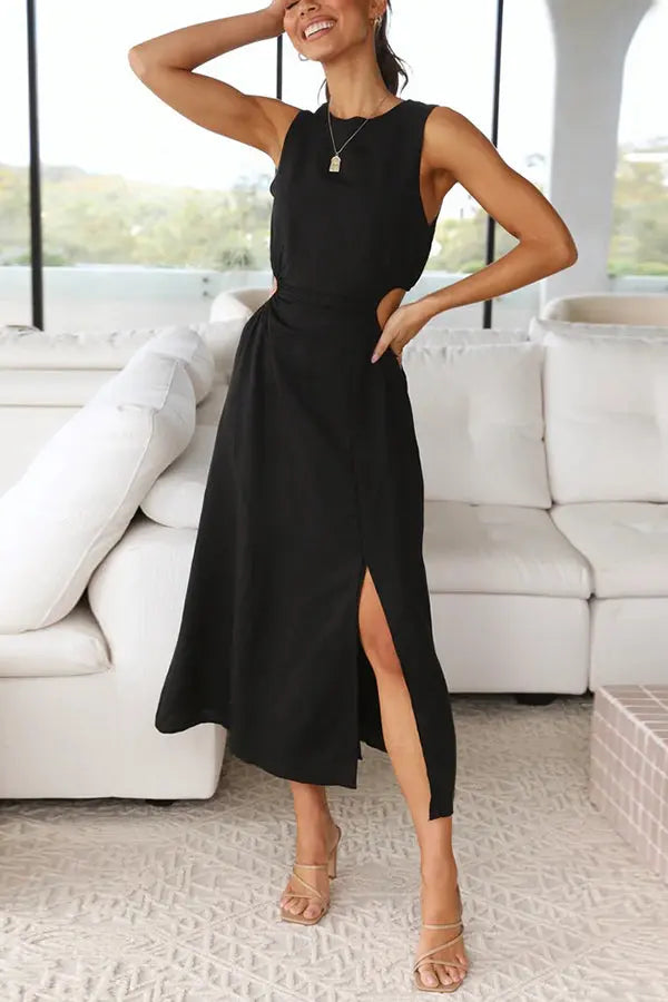 Cut Out Waist Sleeveless Slit Maxi Dress - Fashionpara