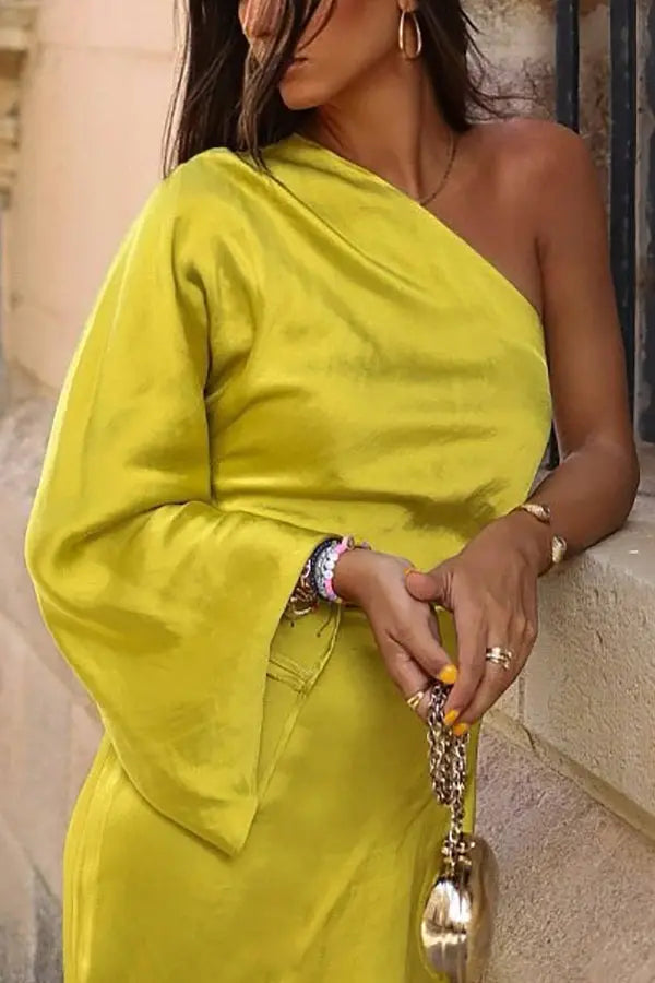 Satin One Shoulder Flares Sleeve Slit Midi Dress - Fashionpara