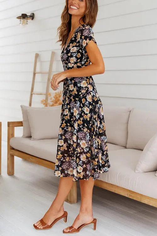 Floral Print V Neck Midi Dress - Fashionpara