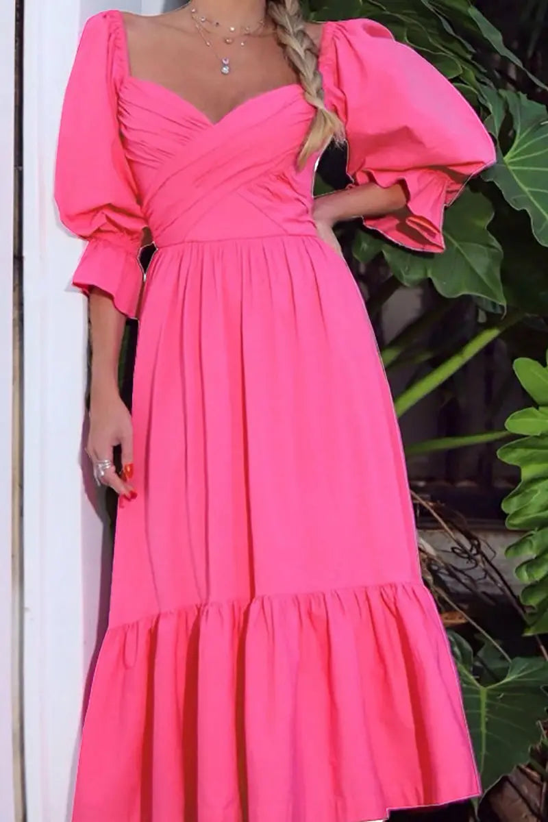 Surplice Neck Puff Sleeve Maxi Dress - Fashionpara
