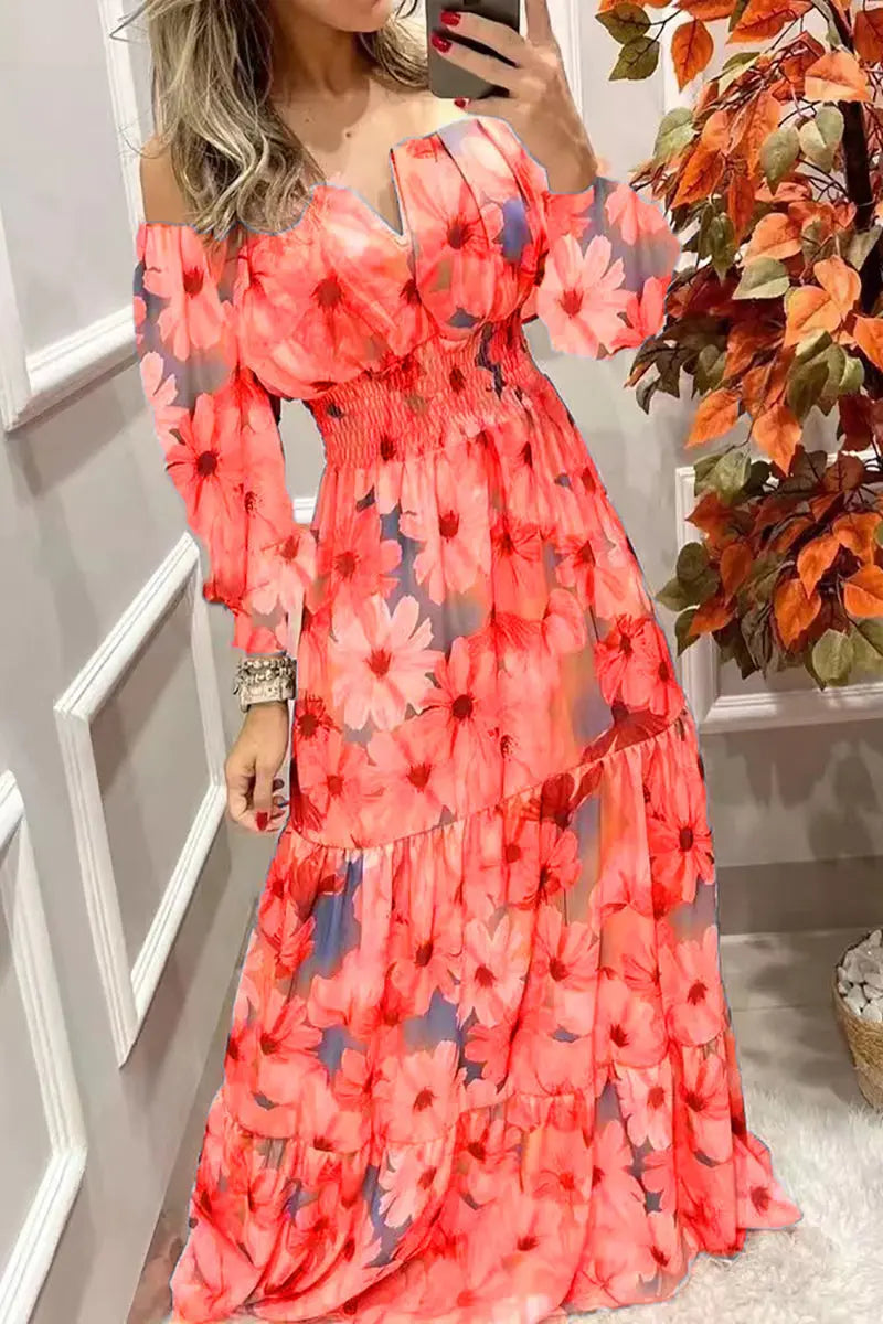 Floral Off Shoulder V Neck Maxi Dress - Fashionpara