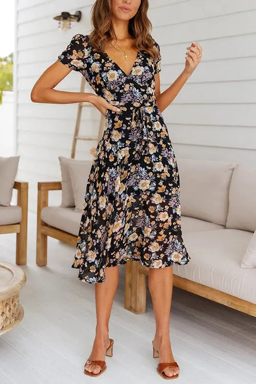 Floral Print V Neck Midi Dress - Fashionpara