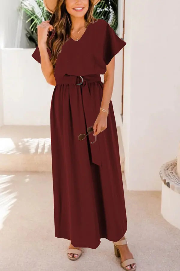 V Neck Belted Maxi Dress - Fashionpara