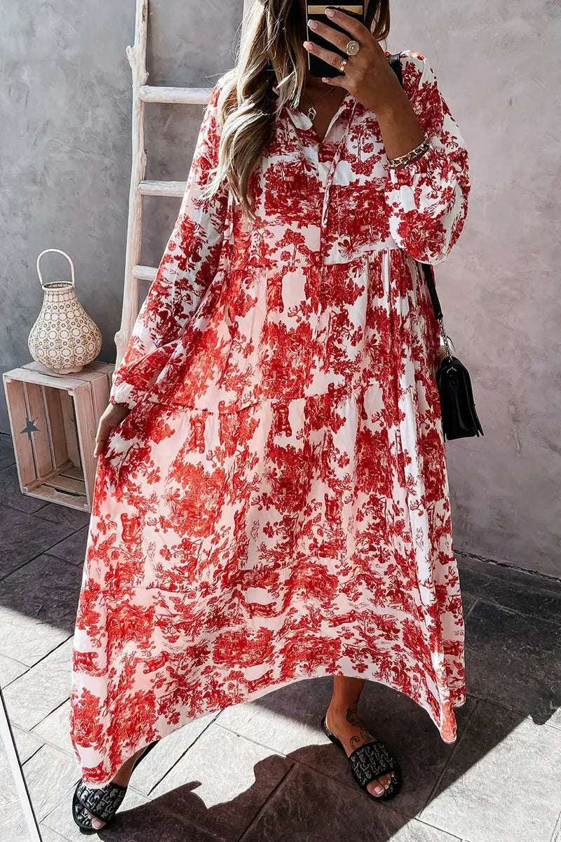 Floral V Neck Long Sleeve Maxi Dress - Fashionpara