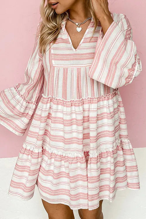 Striped Flares Sleeve Tiered Mini Dress - Fashionpara