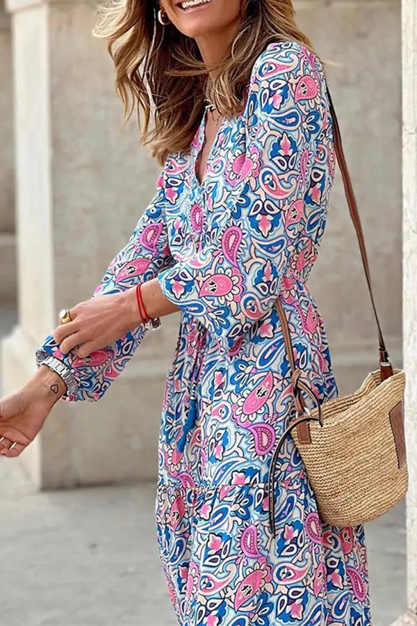 Boho Paisley V Neck Long Sleeve Maxi Dress - Fashionpara