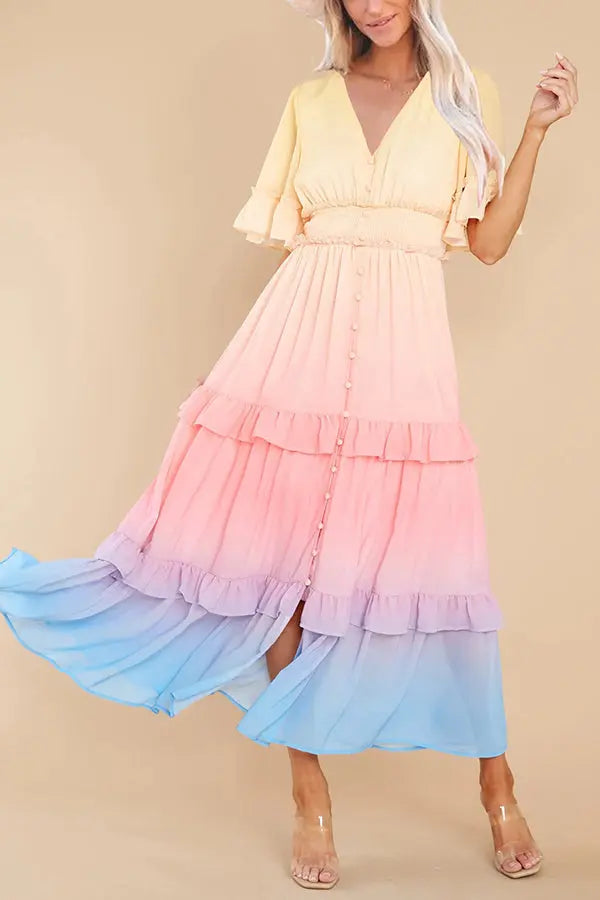 Ombre Sunset Ruffles Maxi Dress - Fashionpara