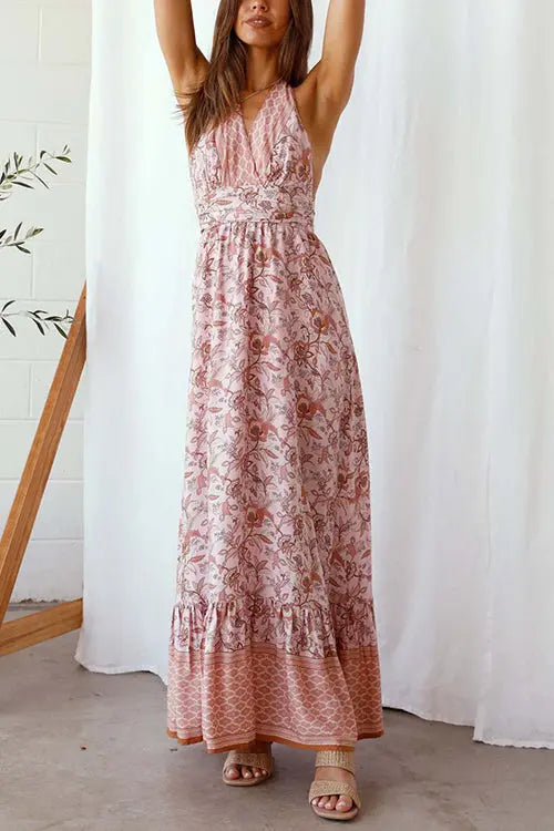 Floral V Neck Halter Neck Backless Maxi Dress - Fashionpara