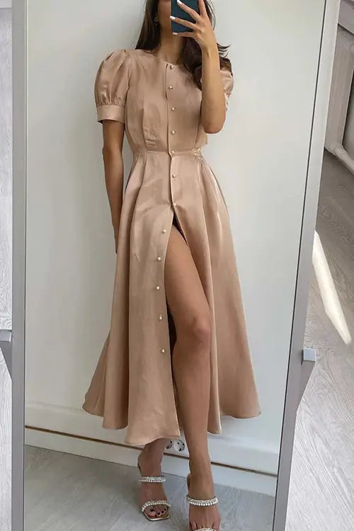 Pearl Button O Neck Shirt Maxi Dress - Fashionpara