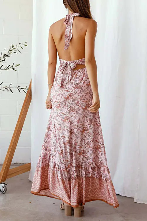 Floral V Neck Halter Neck Backless Maxi Dress - Fashionpara