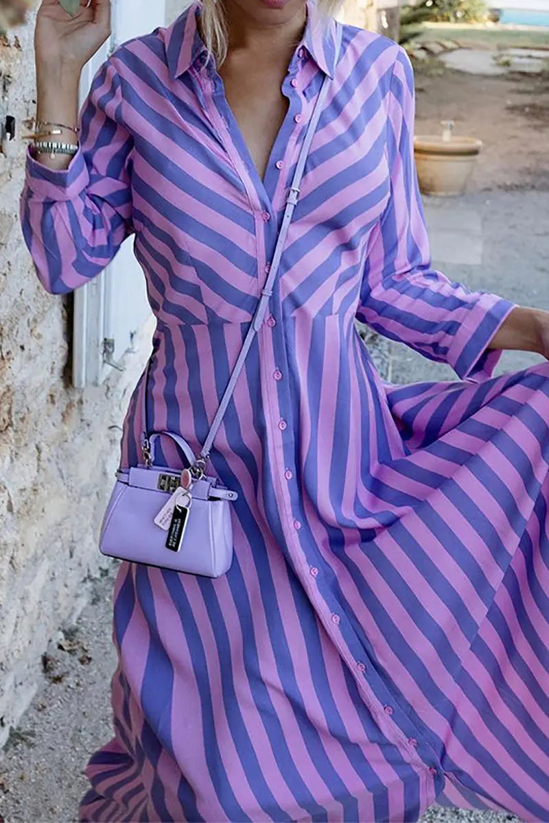 Stripe Long Sleeve Button Maxi Shirt Dress - Fashionpara