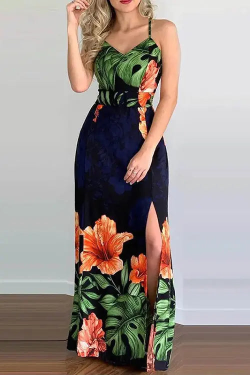 Tropical Print Slit Crisscross Backless Maxi Dress - Fashionpara